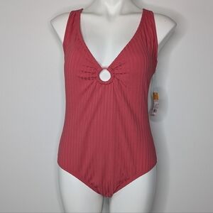NWT Target Kona Sol Salmon Pink Low V Neck Tie Back One Piece Swimsuit L